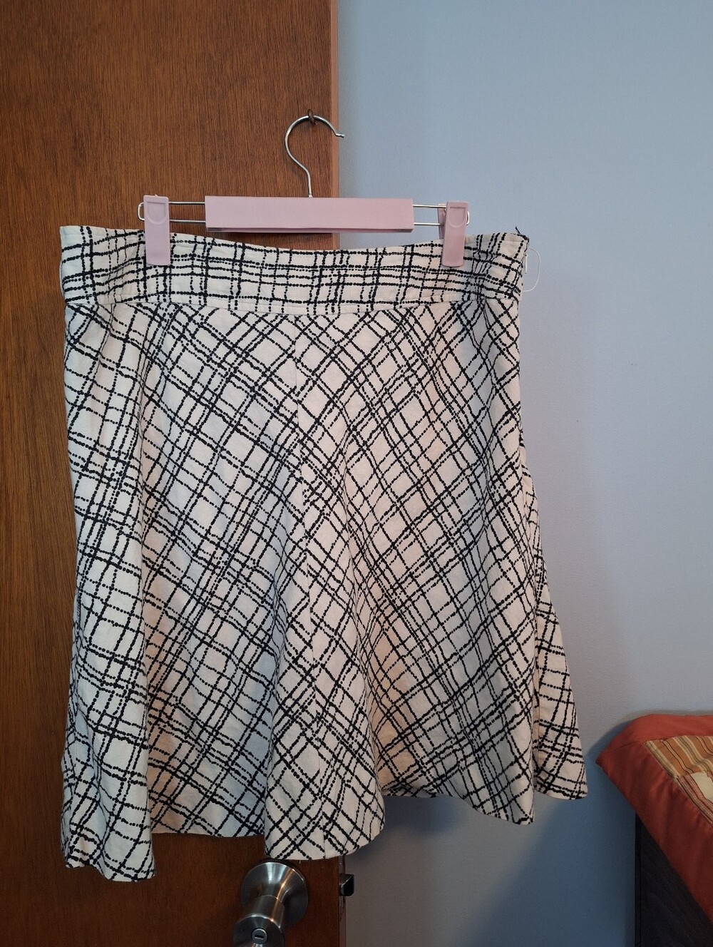 Merona Black/ Ivory Lined Plaid Circle Skirt Side Zip 100% Linen Women Size 12
